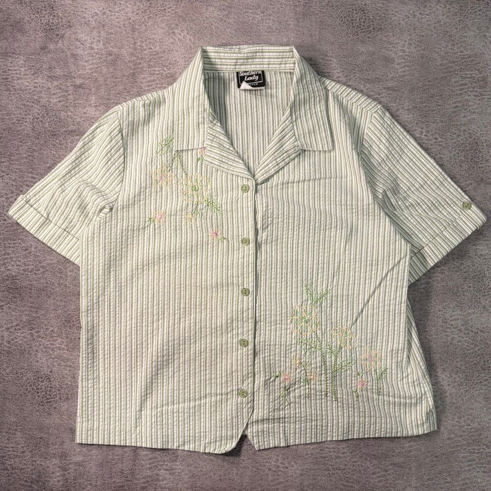 Vintage Southern Lady Pinstripe Embroidered Button Up
